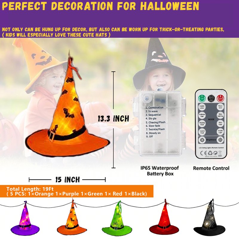 Halloween Witch Hat Lights Decorations Outdoor - 5pcs Glowing String Lights with 8 Modes & Waterproof - Lighted Witch Hat Variation