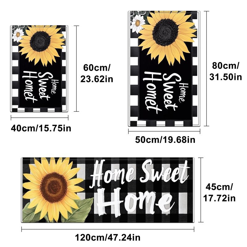 Kitchen Rug and Door Mat Set - Sunflower Black & White Grid, Washable Flannel, 15.7x23.6 & 17.7x47.2 Inches