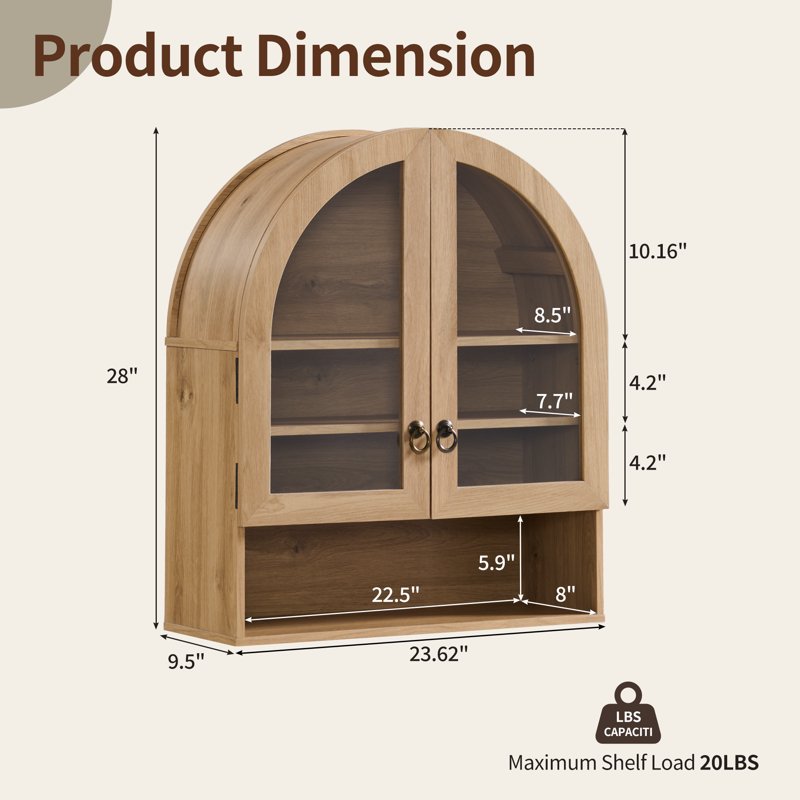 Arched Wall Cabinet with Adjustable Shelves & Glass Doors