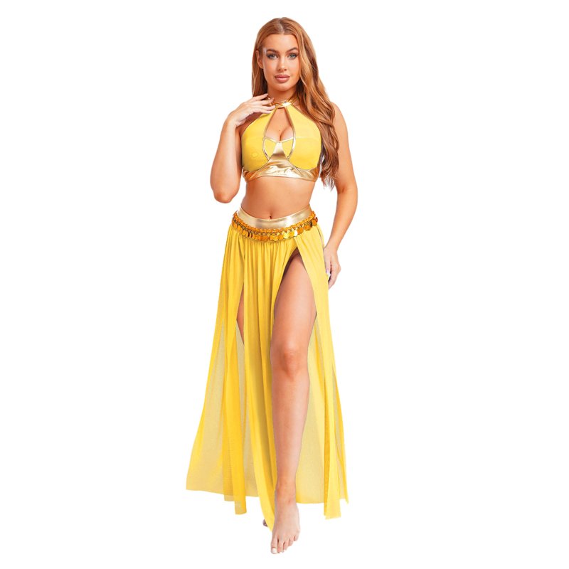 Women's Belly Dance Costume Set - Halter Crop Top & Mesh Split Skirt, Gold XXL Variation