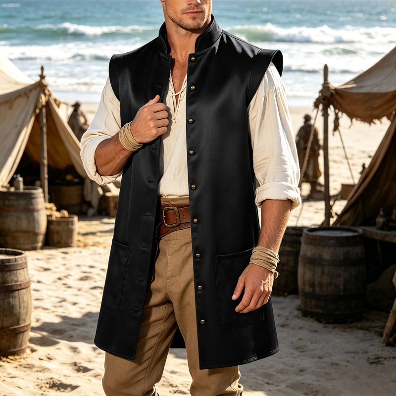 Men's Sleeveless Pirate Jacket Halloween Costume 2XL Black