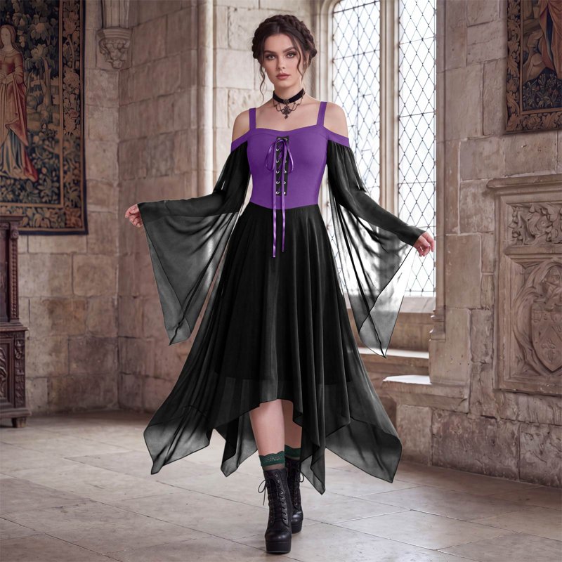 Dark Purple Witch Costume Women Halloween Dress Gothic Renaissance Medieval 2XL - Variation #01