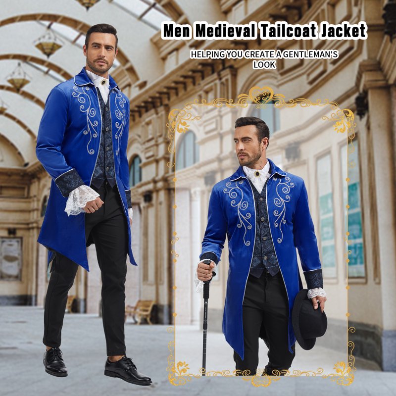 Men's Medieval Steampunk Tailcoat Jacket - Gothic Victorian Frock Coat, Blue, Small