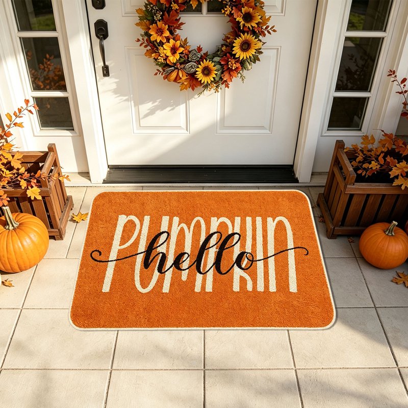 Thanksgiving Doormat - Non-Slip Orange Hello Pumpkin Autumn Front Door Mat – Indoor Outdoor Seasonal Decor - 15.8 x 23.6 Inches (V)
