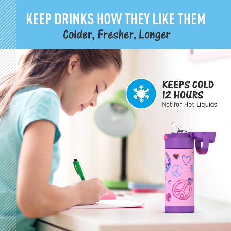 Kids Stainless Steel Insulated Water Bottle with Straw - Peace, 14 oz