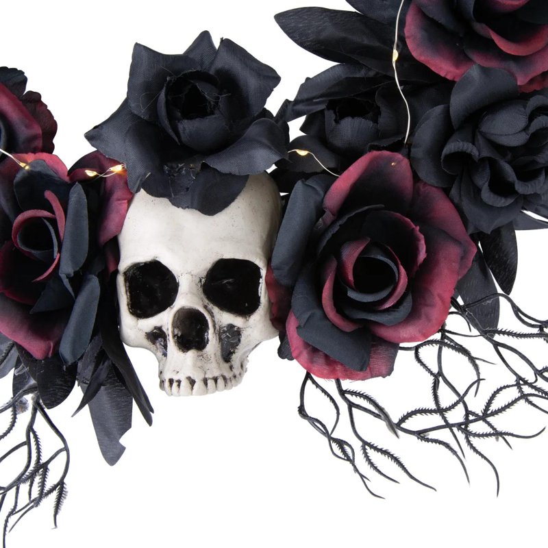 Light-Up Dead Roses Halloween Wreath - Black, Creepy Wall Decor