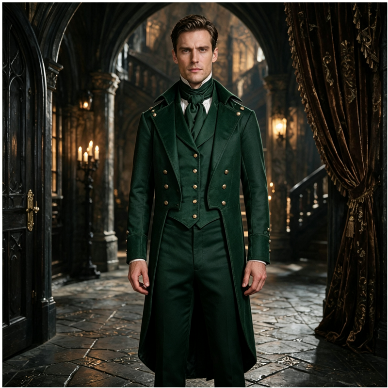 Men's Gothic Tailcoat Jacket, Green XL Medieval Steampunk Costume
