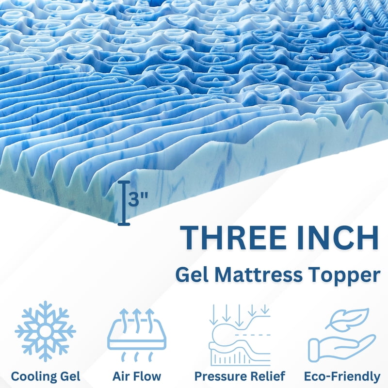 King Size Cooling Gel Memory Foam Mattress Topper - 3 Inch Multi-Zone Support