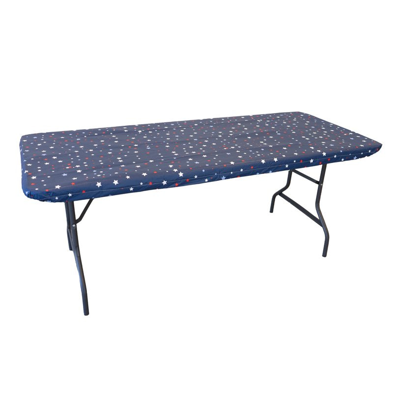 Elastic Fitted Table Cover - Waterproof Vinyl, 6ft, Scattered Stars with Blue Base, 4 Pack