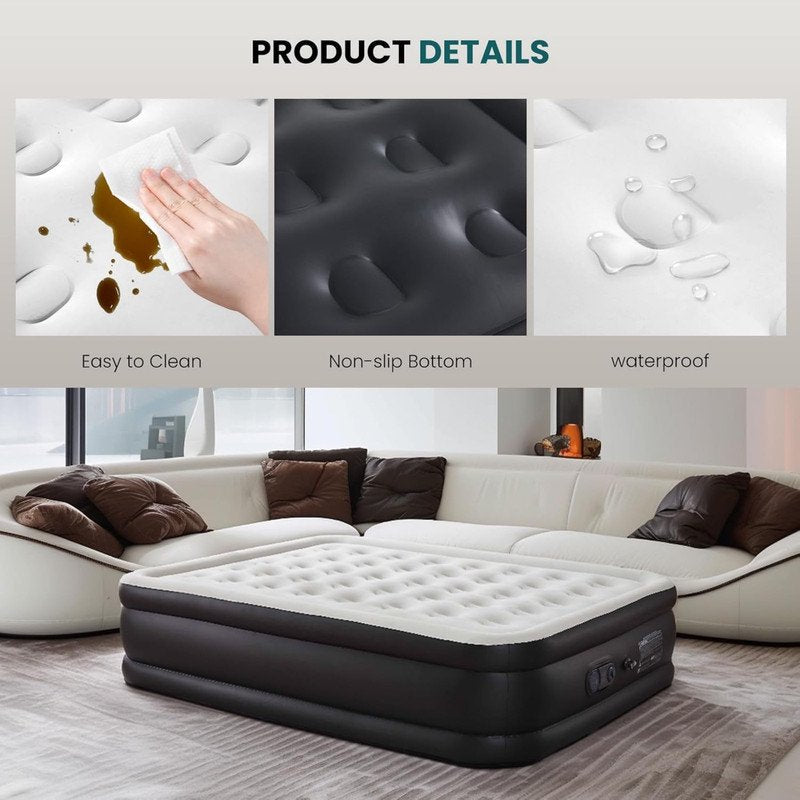 Queen Air Mattress with Built-In Pump - 16 Inch Camping & Home Bed, Black