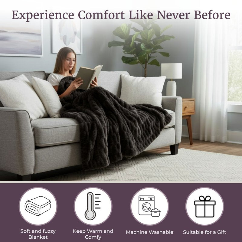 Faux Fur Throw Blanket 60x80 Black - Plush Cozy Sofa & Bed Accessory