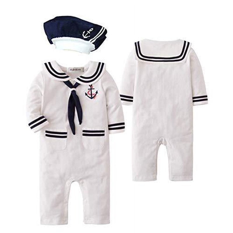 Baby Boy Marine Sailor Romper Set with Hat and Necktie - Blue, 6-12 Months