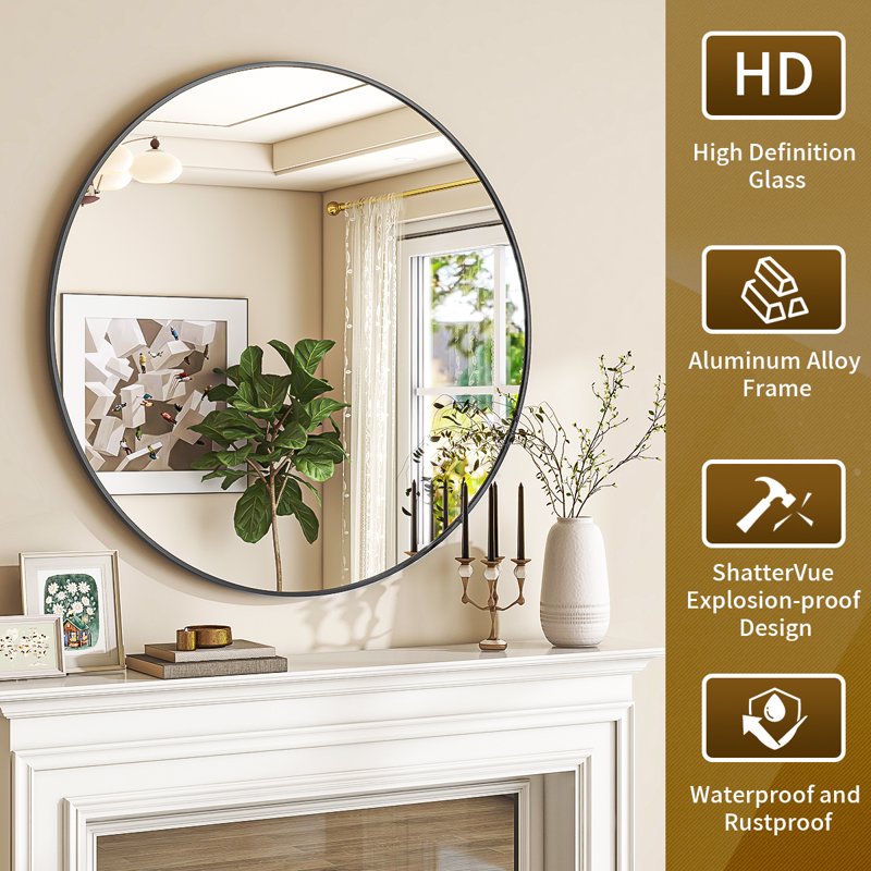 30 Inch Black Round Wall Mirror - Aluminum Alloy Frame Bathroom Mirror - Variation of THIS listing