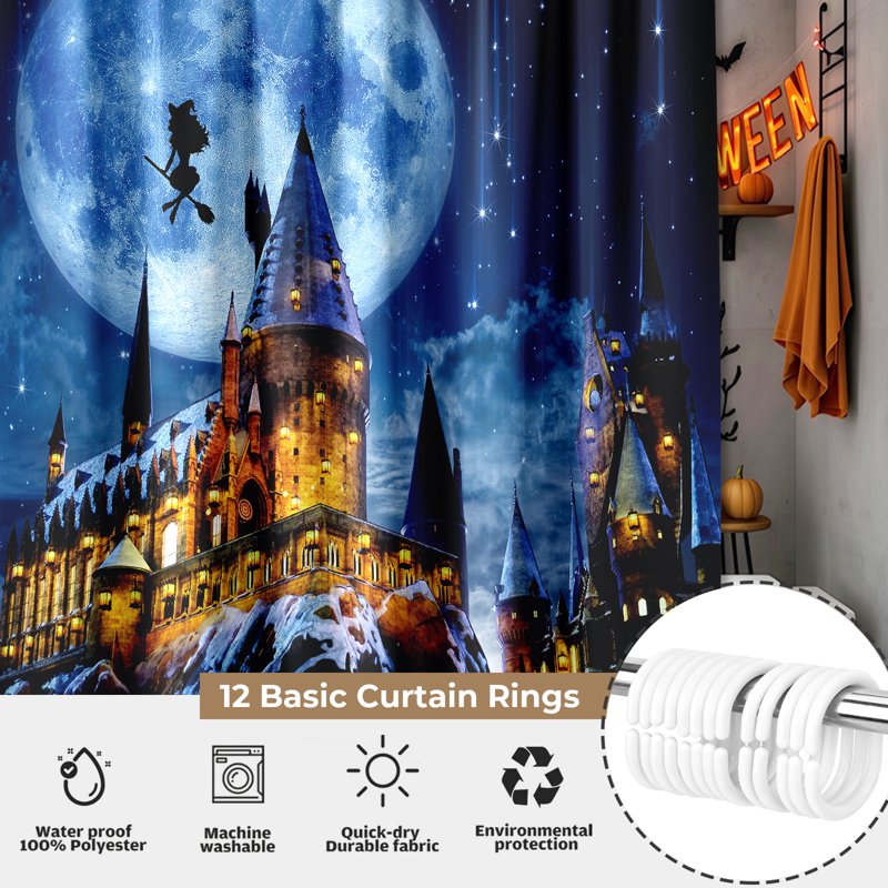 Magical Castle Halloween Shower Curtain Waterproof Bathroom Decor - 72x72 - Blue & Gold - With Flying Witch & Full Moon