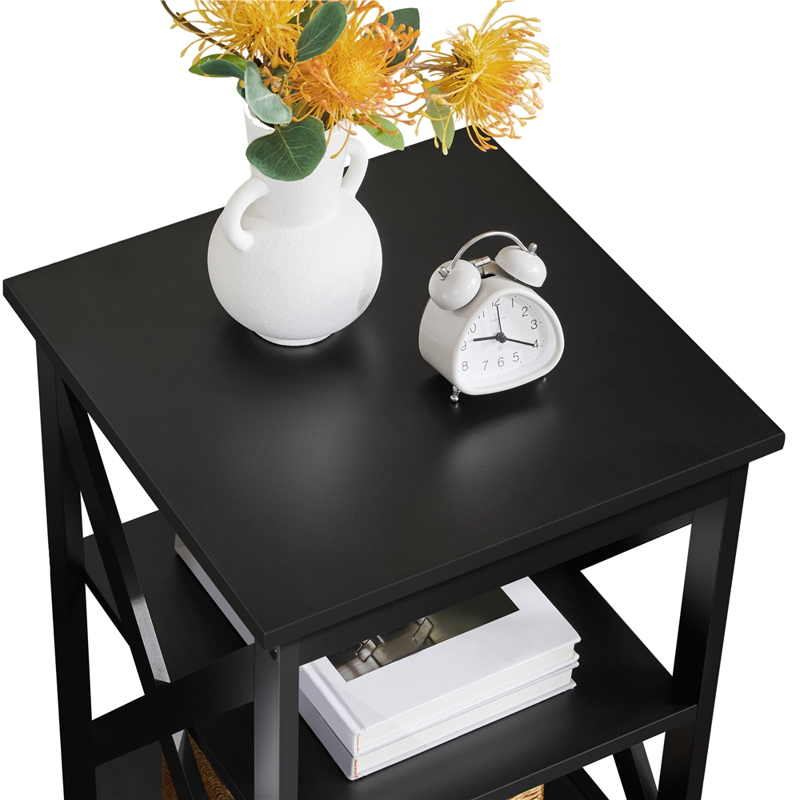3-Tier Black Wood End Table with X-Shaped Frame