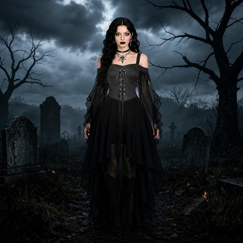 Women's Gothic Witch Costume Mesh Dress with Butterfly Sleeves - Grey XX-Large Halloween Cosplay