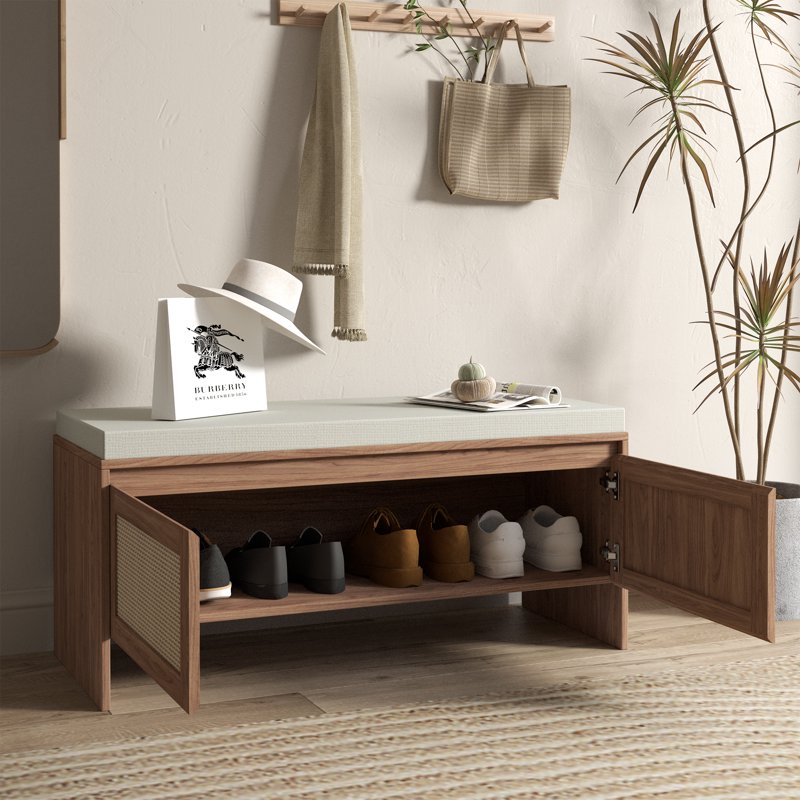 Mid-Century Modern Rattan Storage Bench with Padded Seat