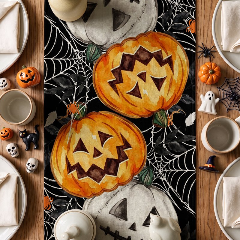 Halloween Table Runner 13x120 Inch Black Pumpkins Spider Web Fall Kitchen Decor