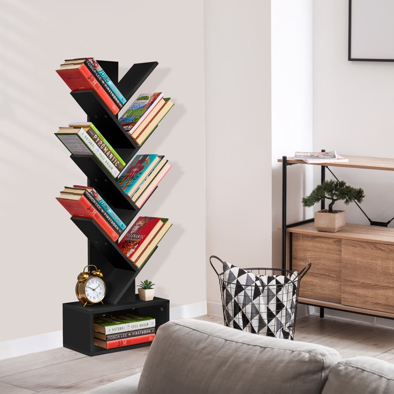 7-Tier Zigzag Bookshelf with Drawer - Modern Vertical Storage Shelf