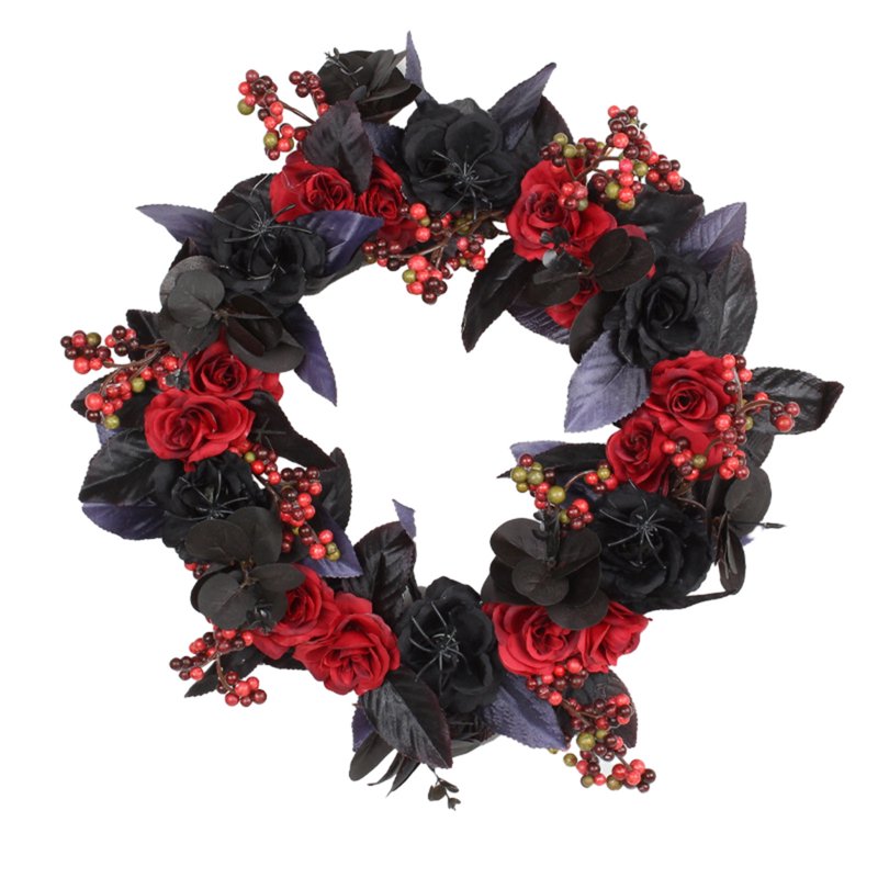 Halloween Front Door Wreath with Roses - 15 Inch Gothic Fall Decor