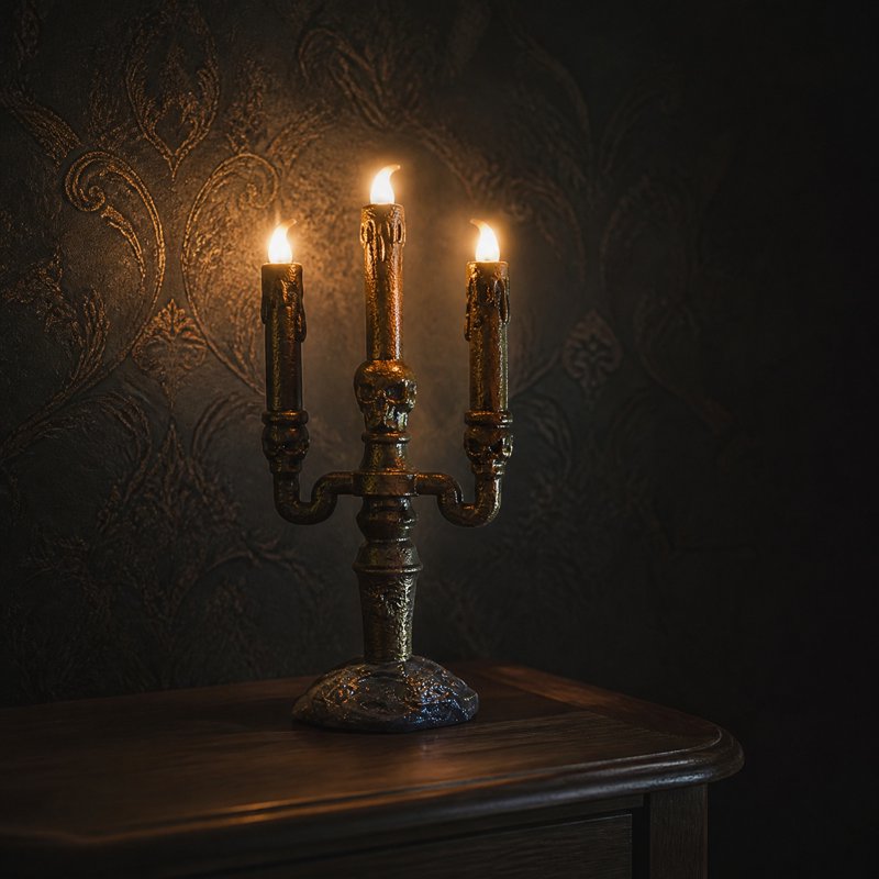 Halloween Skeleton Candle Lamp - Gold Frame Flickering Electronic Light - Variation #325as Show