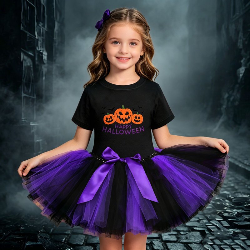 Girls Halloween Witch Costume Set with Pumpkin Tutu Dress & Bow Hair Accessory - Purple, 7-8 Years