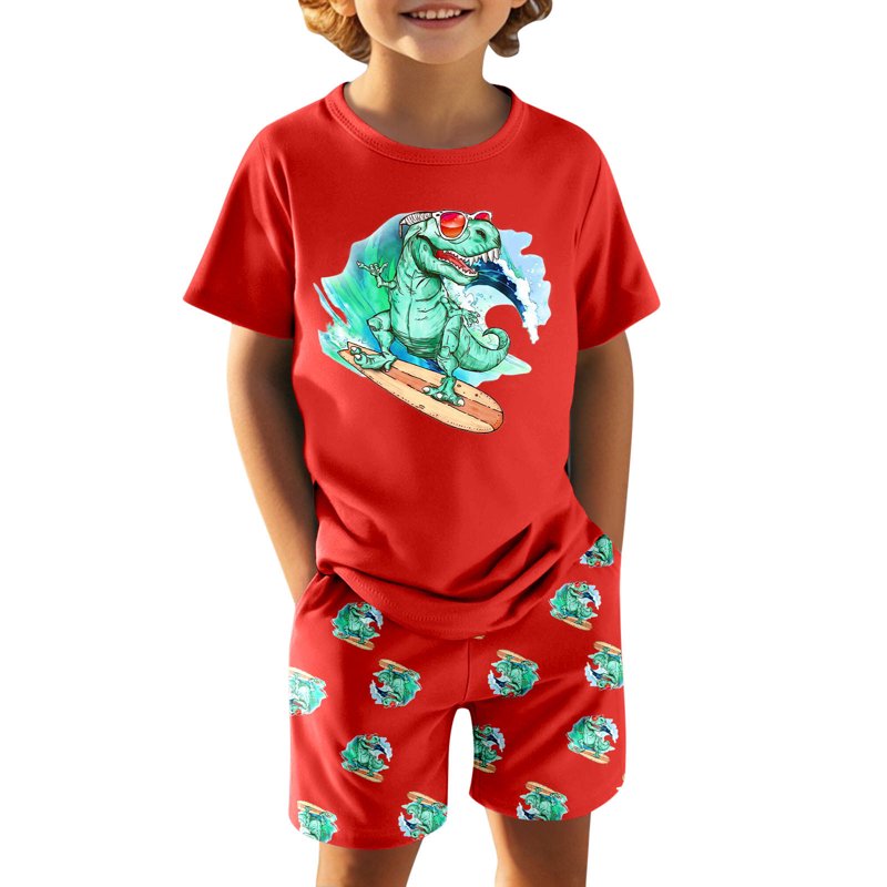 Boys Pajama Set 4-5 Years - Red Dinosaur Top & Shorts Sleepwear