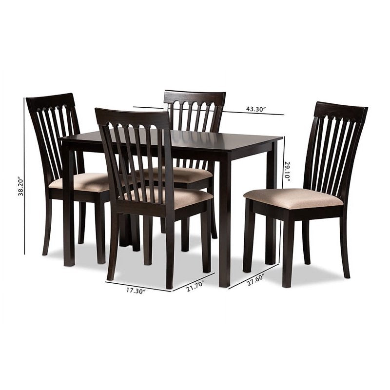 5-Piece Dining Set - Sand Fabric Upholstered with Espresso Brown Wood
