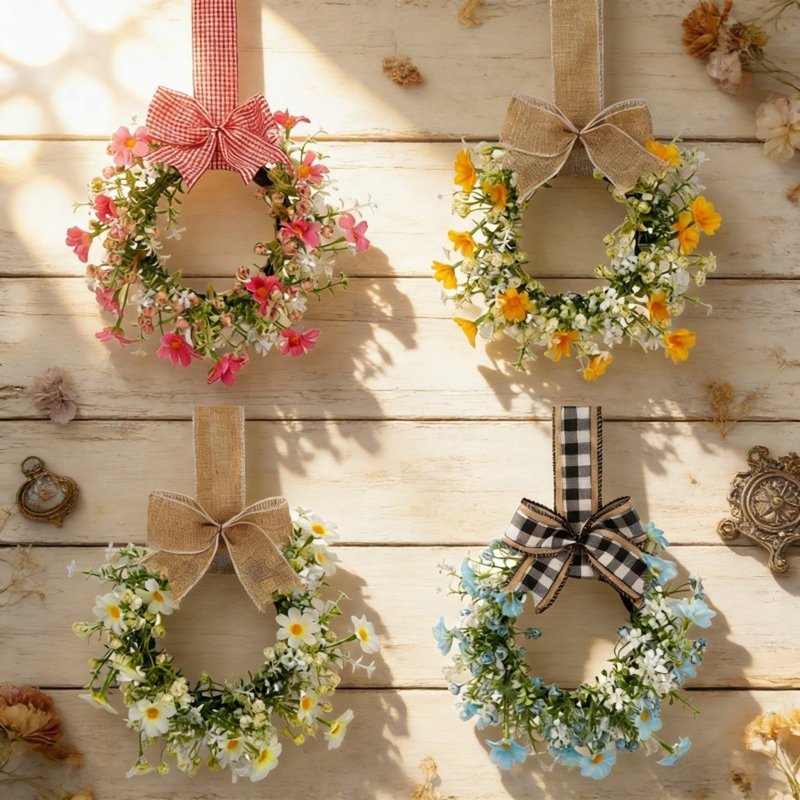 Mini Spring Wreaths for Candle Holders - Artificial Daisy Flowers, Farmhouse Porch Decor, Variation B