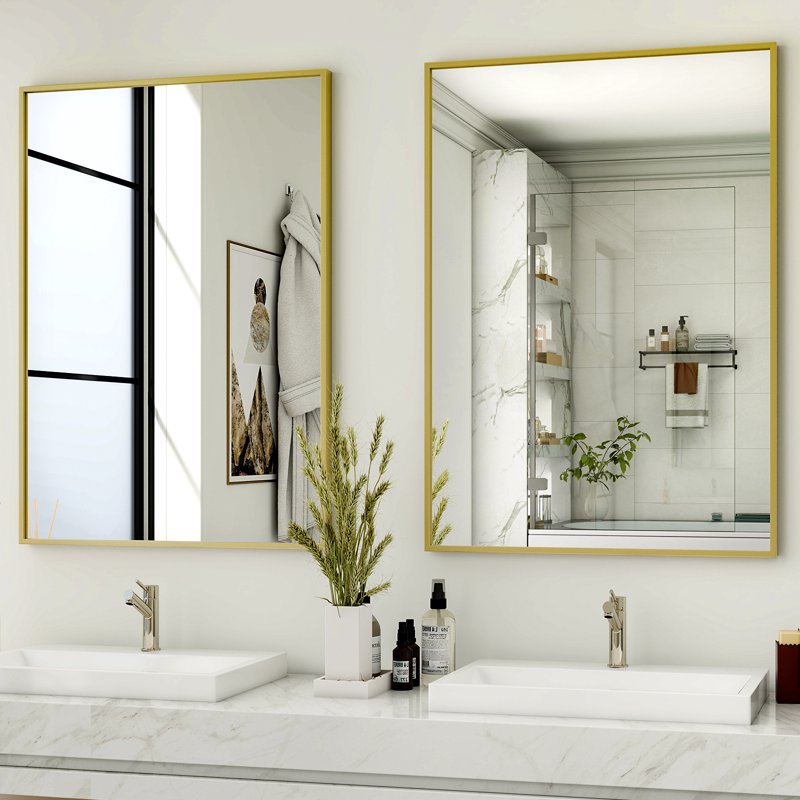 Rectangular Bathroom Wall Mirror 38x26 in Gold - Decorative Vanity Mirror