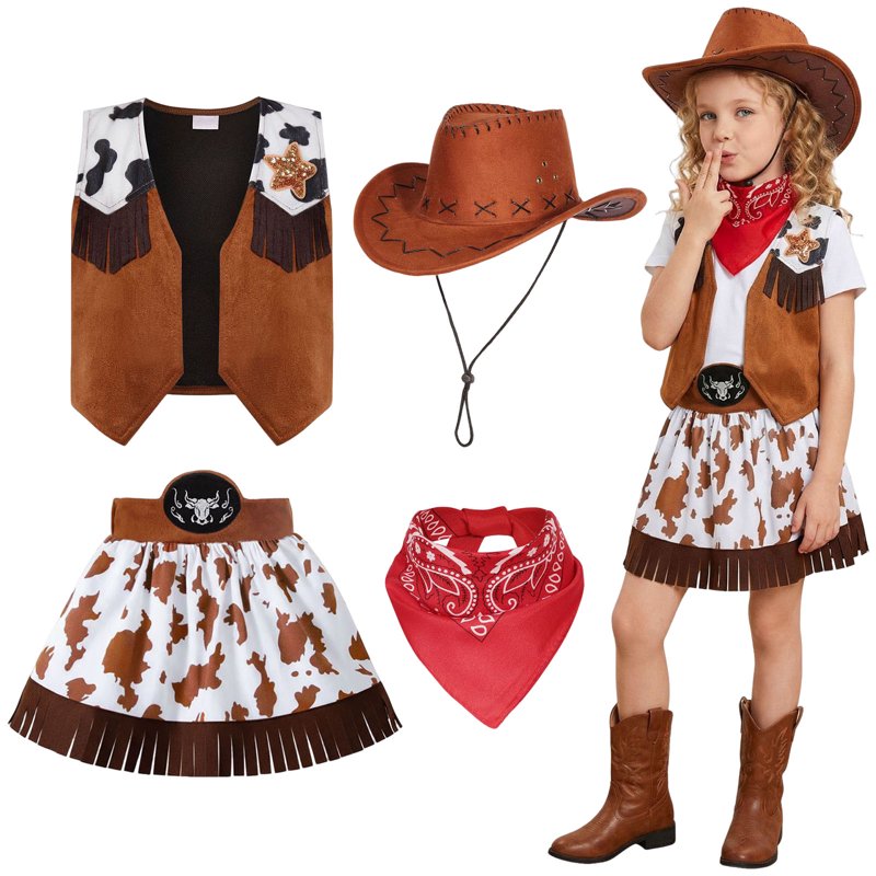 Kids Cowgirl Costume for Girls - Western Rodeo Outfit Brown 3-4 Years