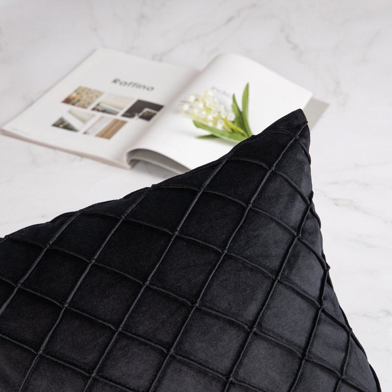 Black 18x18 Velvet Square Throw Pillow Set - Soft Pleated Couch Cushions - 2 Pack