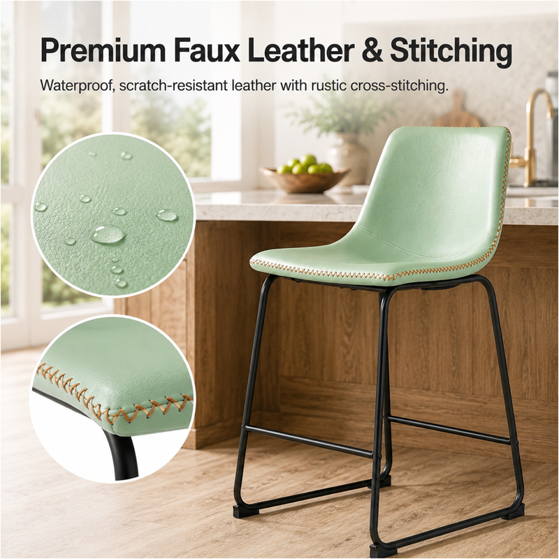 26-Inch Counter Height Bar Stools Set of 2 - Green Industrial Faux Leather