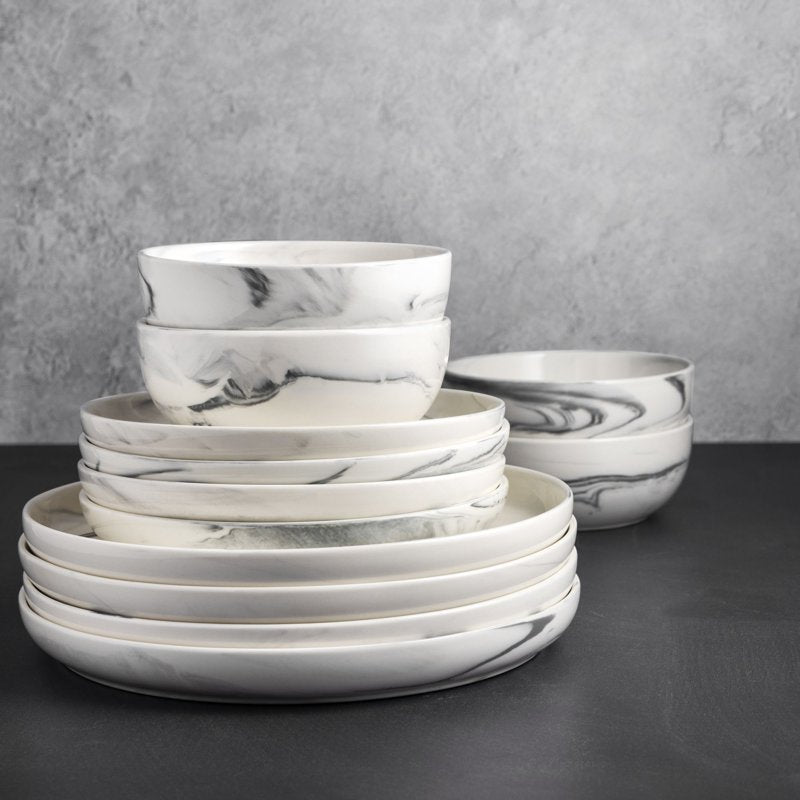 12-Piece Grey Marble Ceramic Dinnerware Set - Single