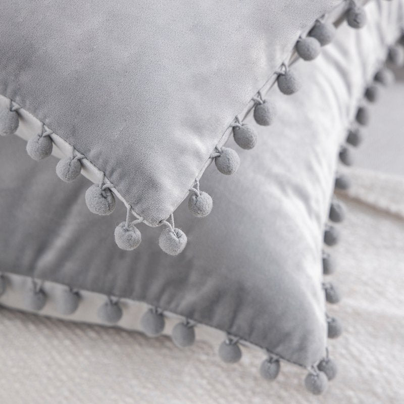 12x20 Inch Grey Velvet Throw Pillow Set of 2 - Pom Pom Accent Decor
