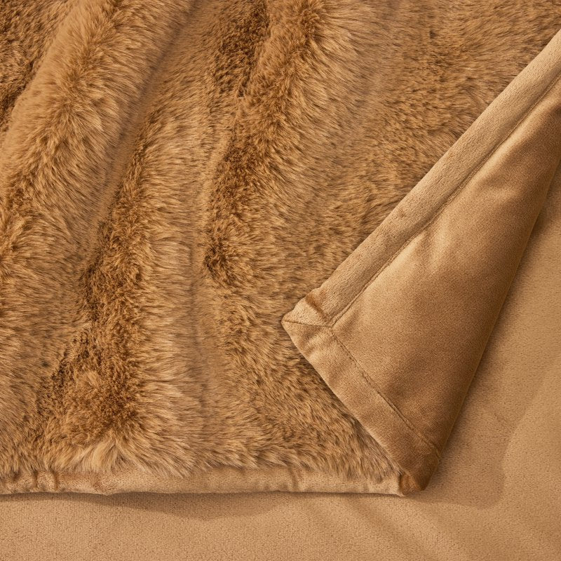 Reversible Faux Fur & Micromink Throw Blanket - Dark Caramel Solid Print, 50 x 72 in