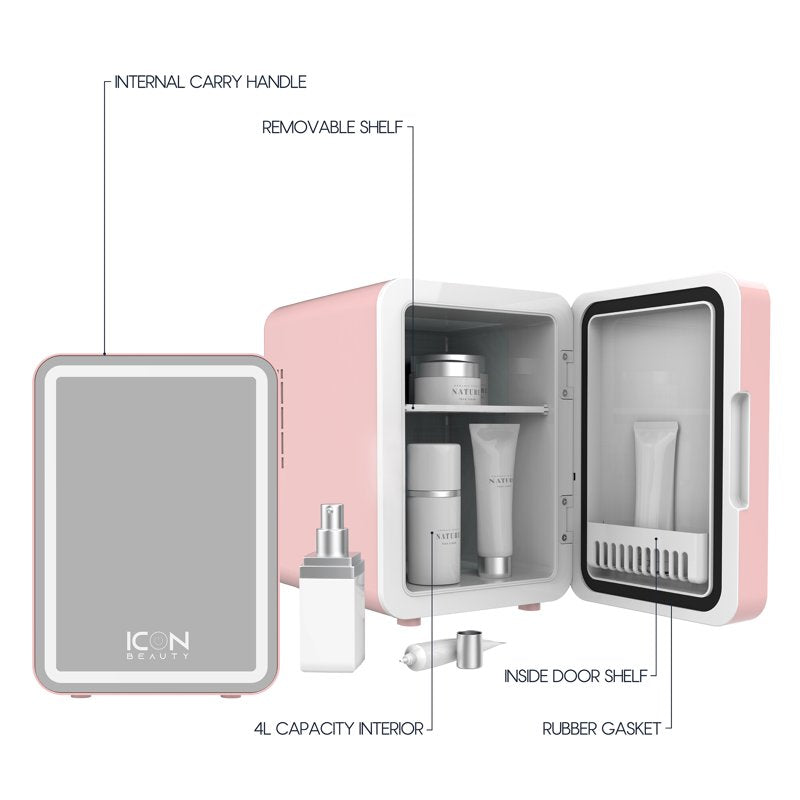 Mini Cooler with LED Mirror - 4L Pink Beauty Fridge