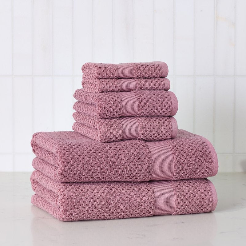 Soft Cotton Towel Set - 6 Piece Bath & Hand Towels with Popcorn Texture, Violet Gem