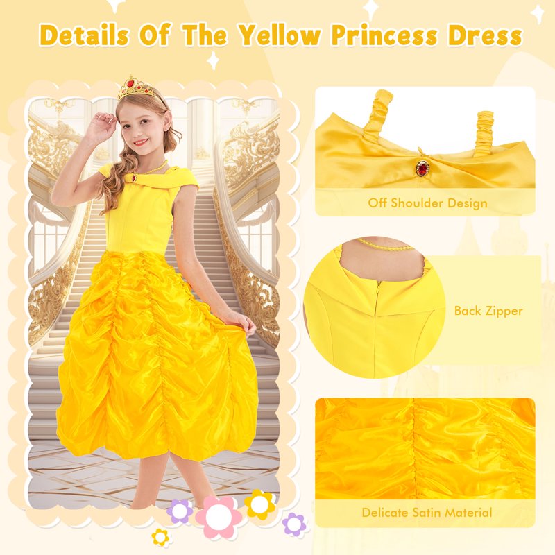 Girls Princess Dress Off Shoulder Costume G010-Yellow 8 (6-7 Years) - Little Girl Halloween Birthday Outfit