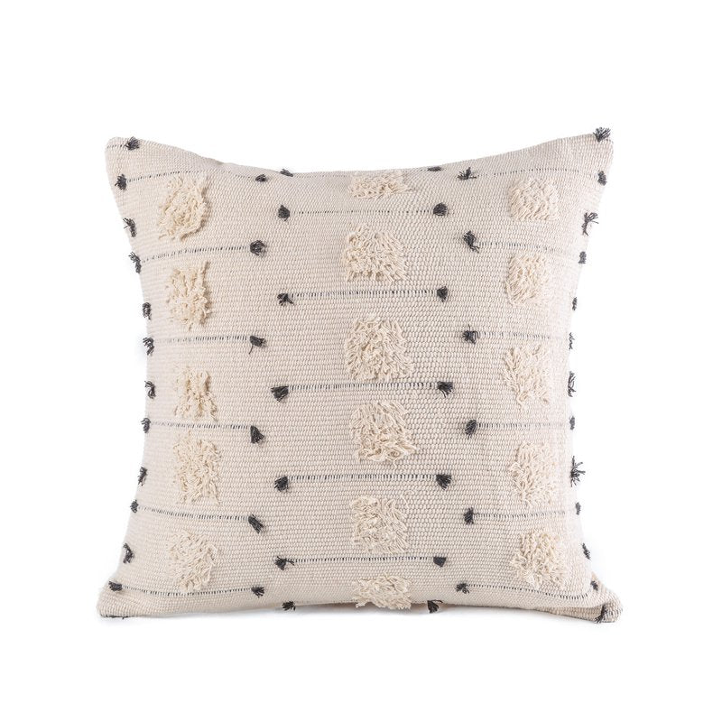 Boho Woven Tufted Throw Pillow Cover - 18x18 Inches, Beige Black Geometry