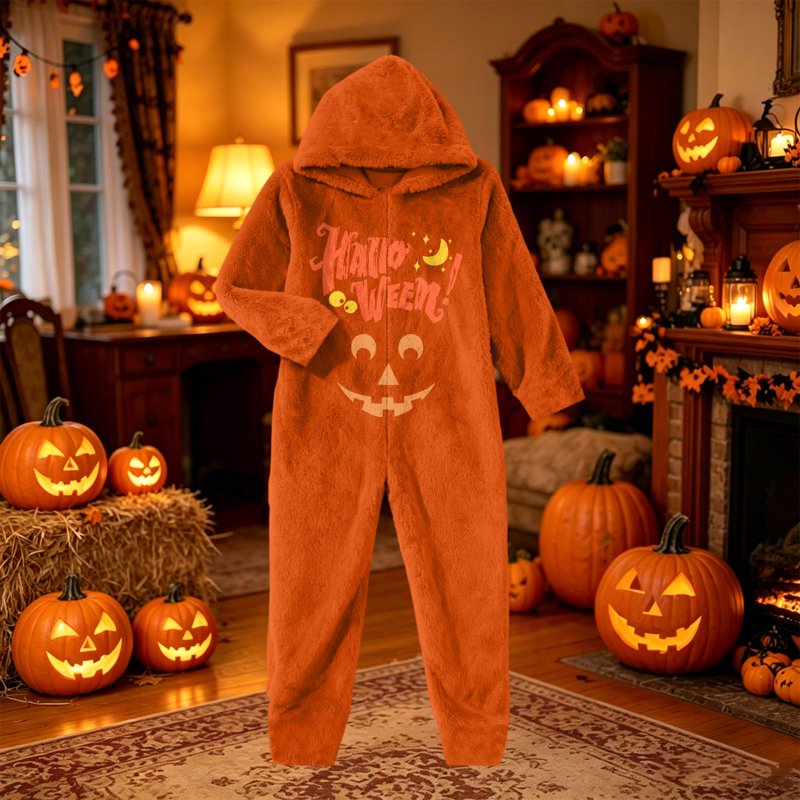 Halloween Pumpkin Cosplay Pajama Set for Family with Hooded Fleece Romper - L Variation