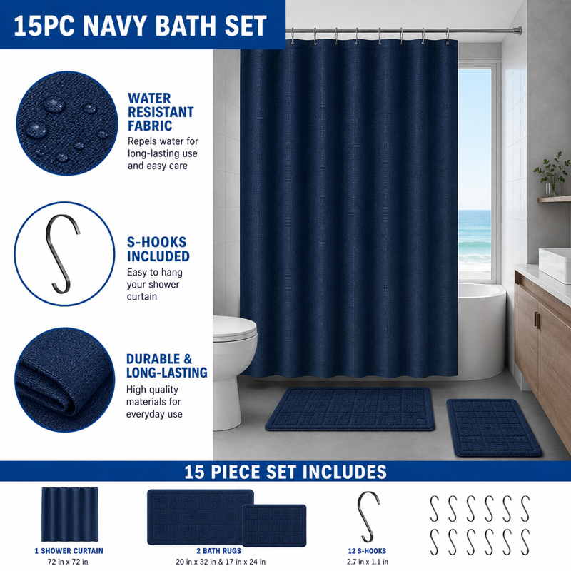 Navy Checkered Bathroom Set with Shower Curtain, Hooks, and Bath Rugs - 15 Pieces