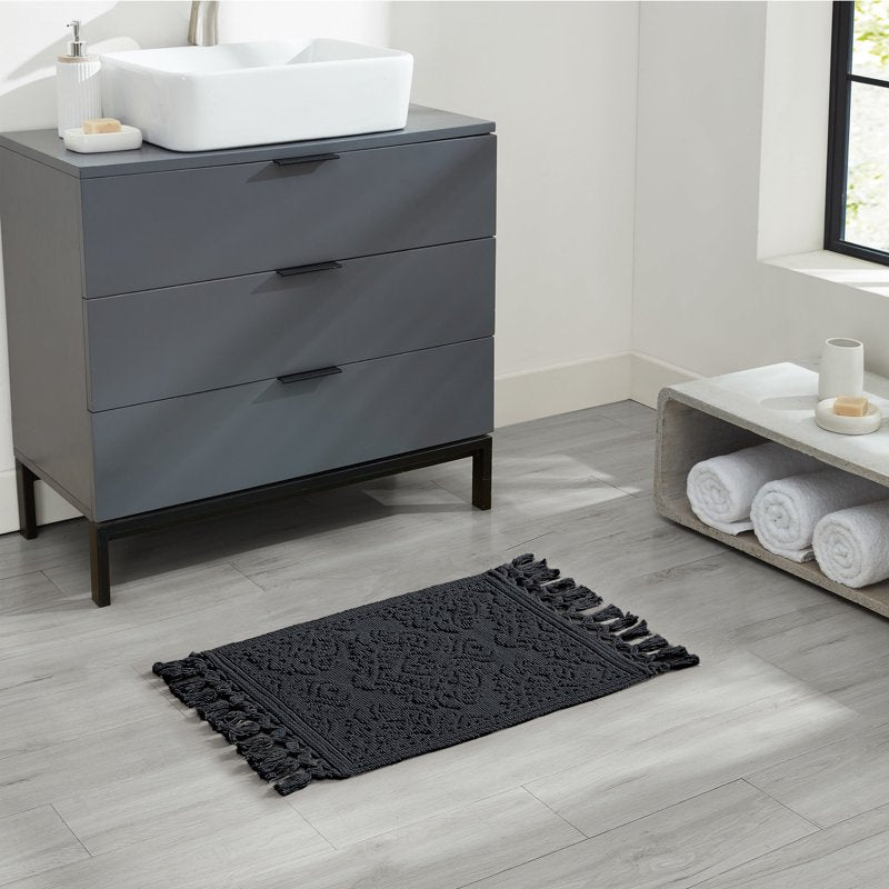 Jean Pierre Cotton Fringe Bath Rug Set - Black, 17 x 24 & 21 x 34 Inches