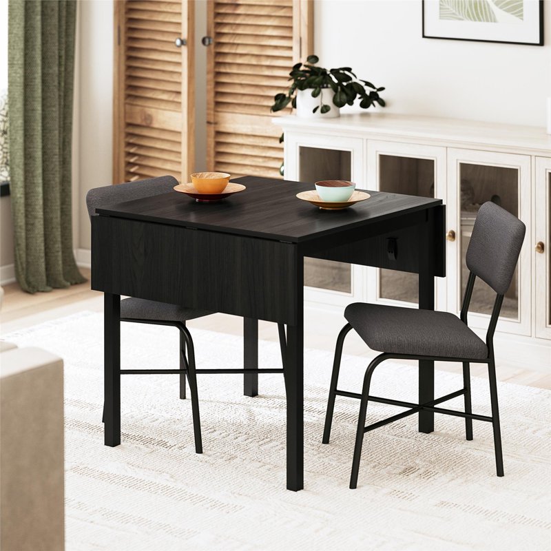 3-Piece Drop Leaf Dining Table Set with Chairs - Black