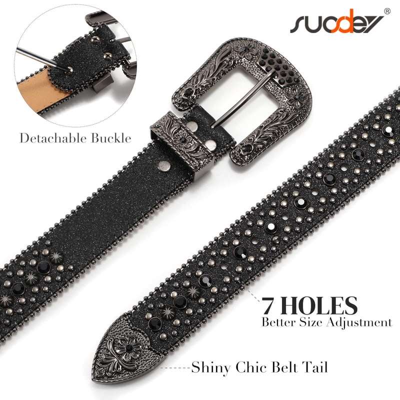 Sparkly Rhinestone Western Belt for Women Men - Black, Fits Waist 34-39"