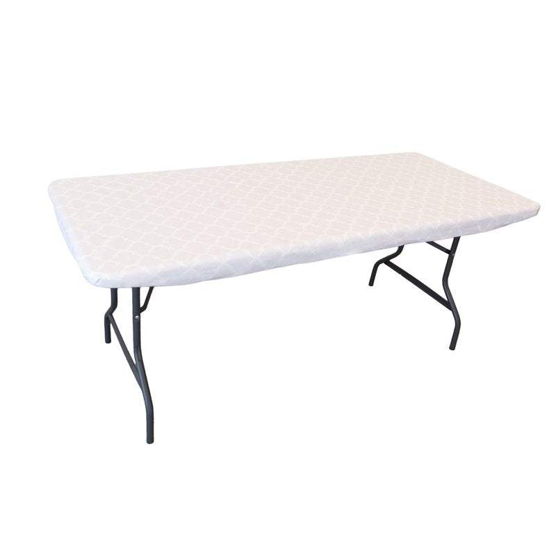 Elastic Fitted Vinyl Table Cover with Flannel Backing - Ogee Cural Pearl, 6Ft