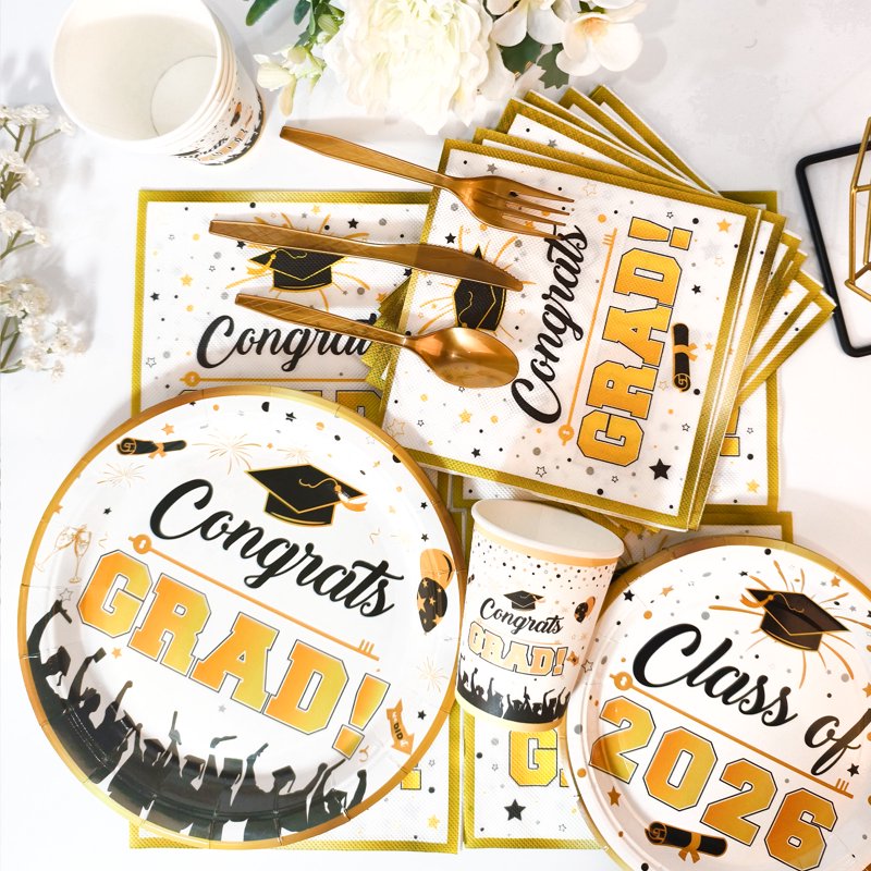 Graduation Plates and Napkins Party Supplies - Class of 2026 Congrats Grad Disposable Tableware Set - White Variation