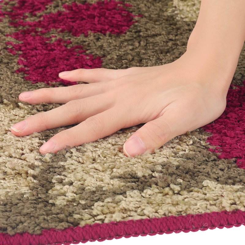 Floral Bath Mat Checked Washable Bathroom Rug - Red Yellow 16x24 - Unique Bargains