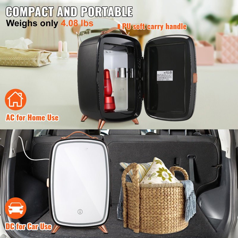 6L Mini Fridge with HD Makeup Mirror & LED Lights - Portable Skincare Cooler