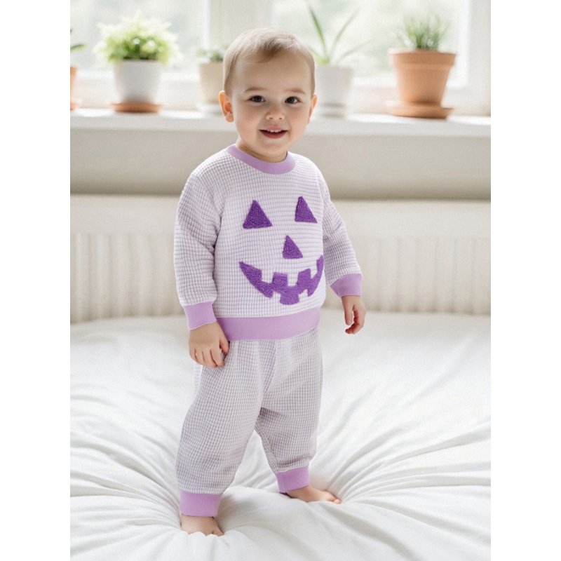 Baby Halloween 2-Piece Outfits Set for Toddler Boys Girls - Pumpkin Embroidery & Striped Pants, Style 27, 6-12 Months